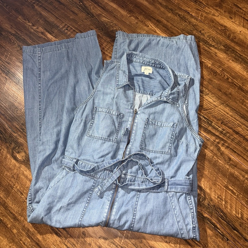 J. Crew Blue Chambray Sleeveless Waist Tie Jumpsuit Women's Size 14